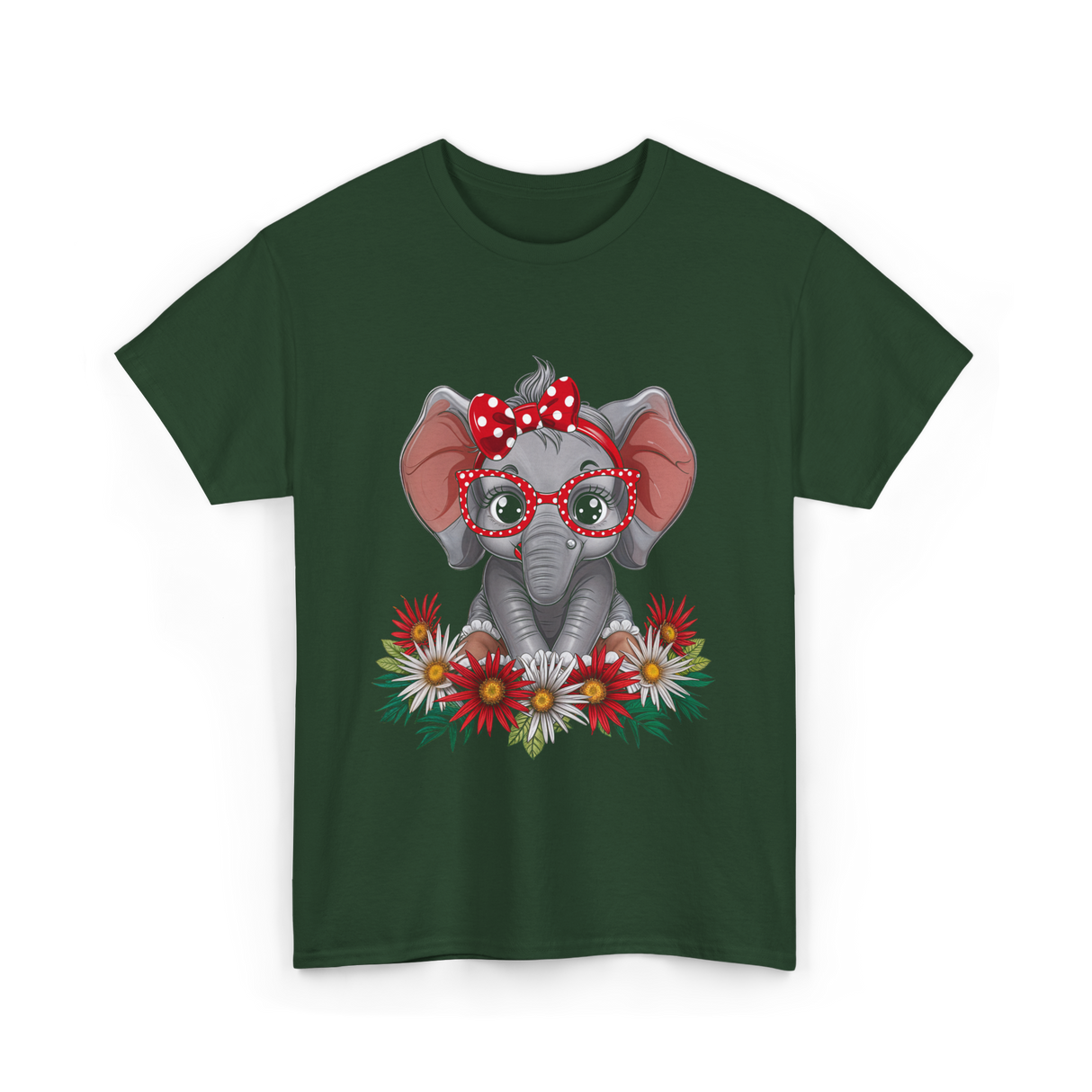 Elephant with Flowers Cute Design T-Shirt - Forest Green