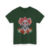 Elephant with Flowers Cute Design T-Shirt - Forest Green