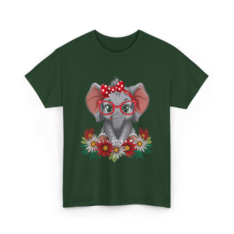 Elephant with Flowers Cute Design T-Shirt - Forest Green