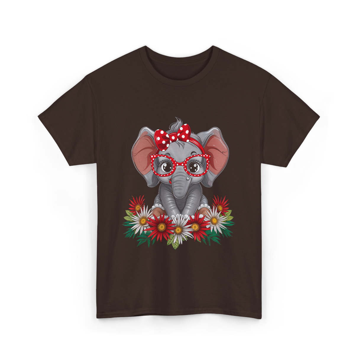 Elephant with Flowers Cute Design T-Shirt - Dark Chocolate