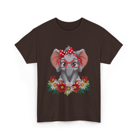 Elephant with Flowers Cute Design T-Shirt - Dark Chocolate