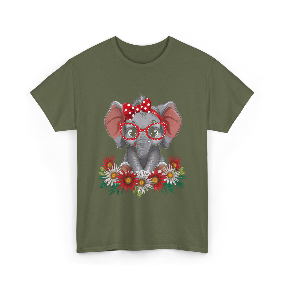 Elephant with Flowers Cute Design T-Shirt - Military Green