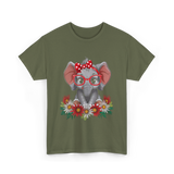 Elephant with Flowers Cute Design T-Shirt - Military Green