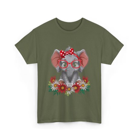 Elephant with Flowers Cute Design T-Shirt - Military Green