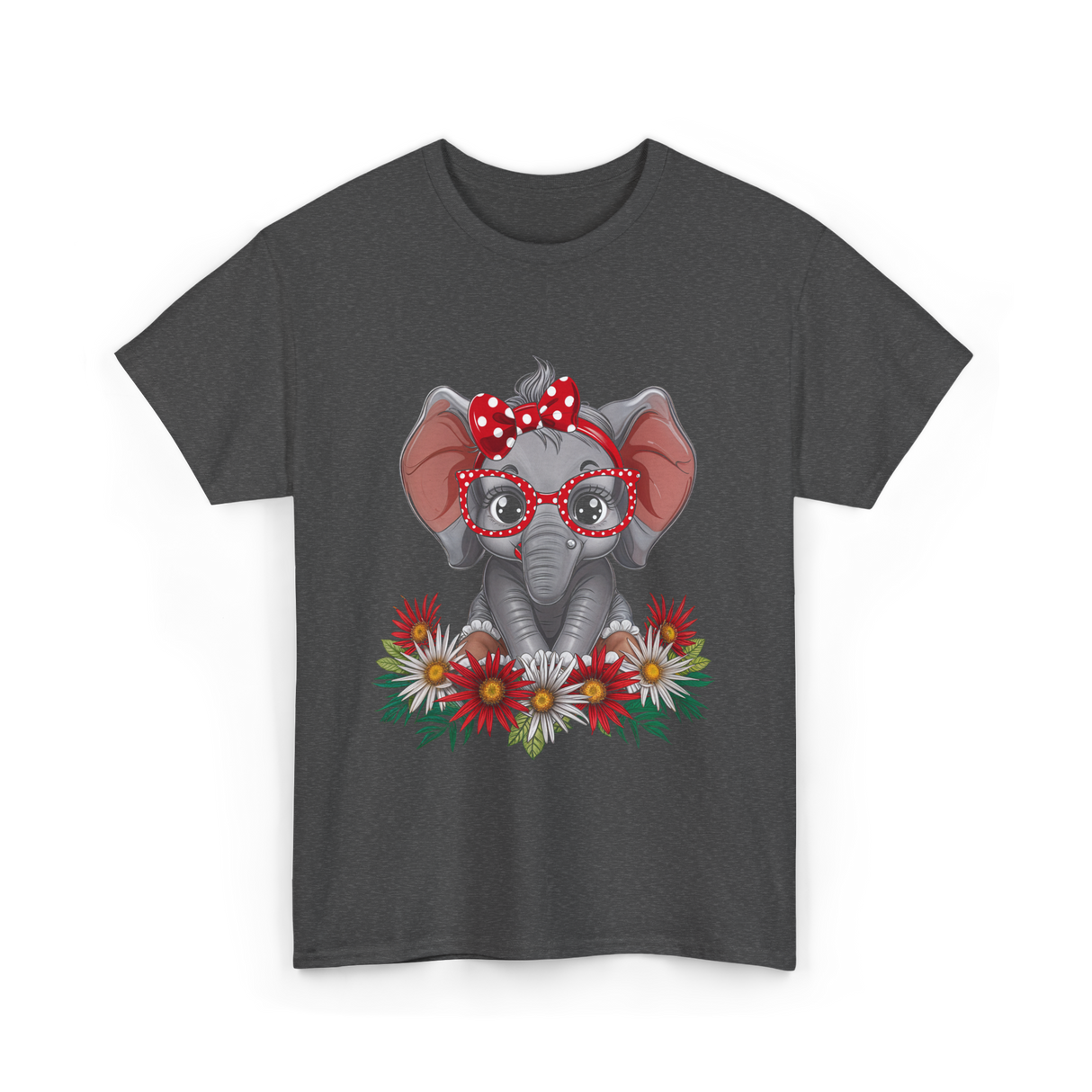 Elephant with Flowers Cute Design T-Shirt - Dark Heather