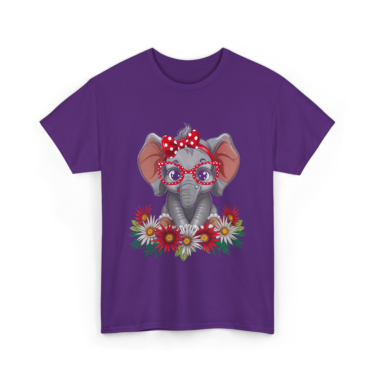 Elephant with Flowers Cute Design T-Shirt - Purple