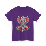 Elephant with Flowers Cute Design T-Shirt - Purple