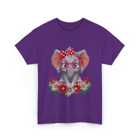 Elephant with Flowers Cute Design T-Shirt - Purple