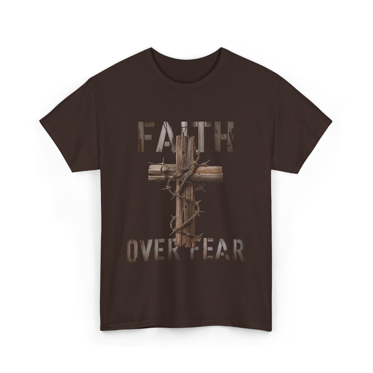 Faith Over Fear Christian Cross T-Shirt - Dark Chocolate