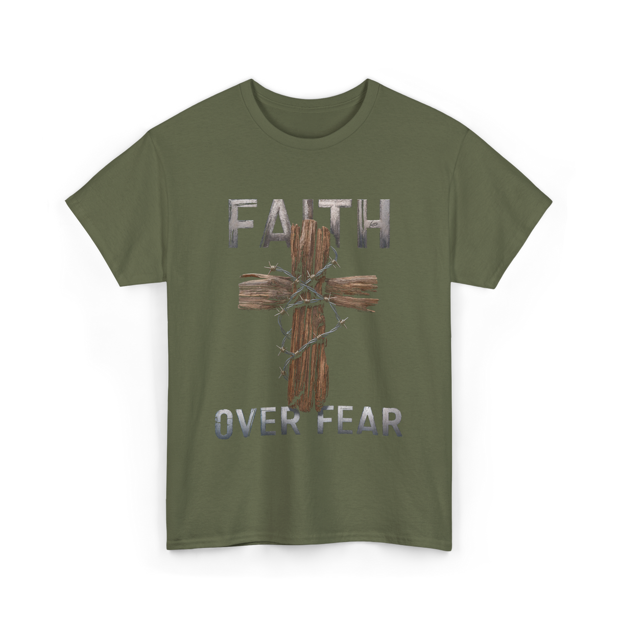 Faith Over Fear Christian Cross T-Shirt - Military Green