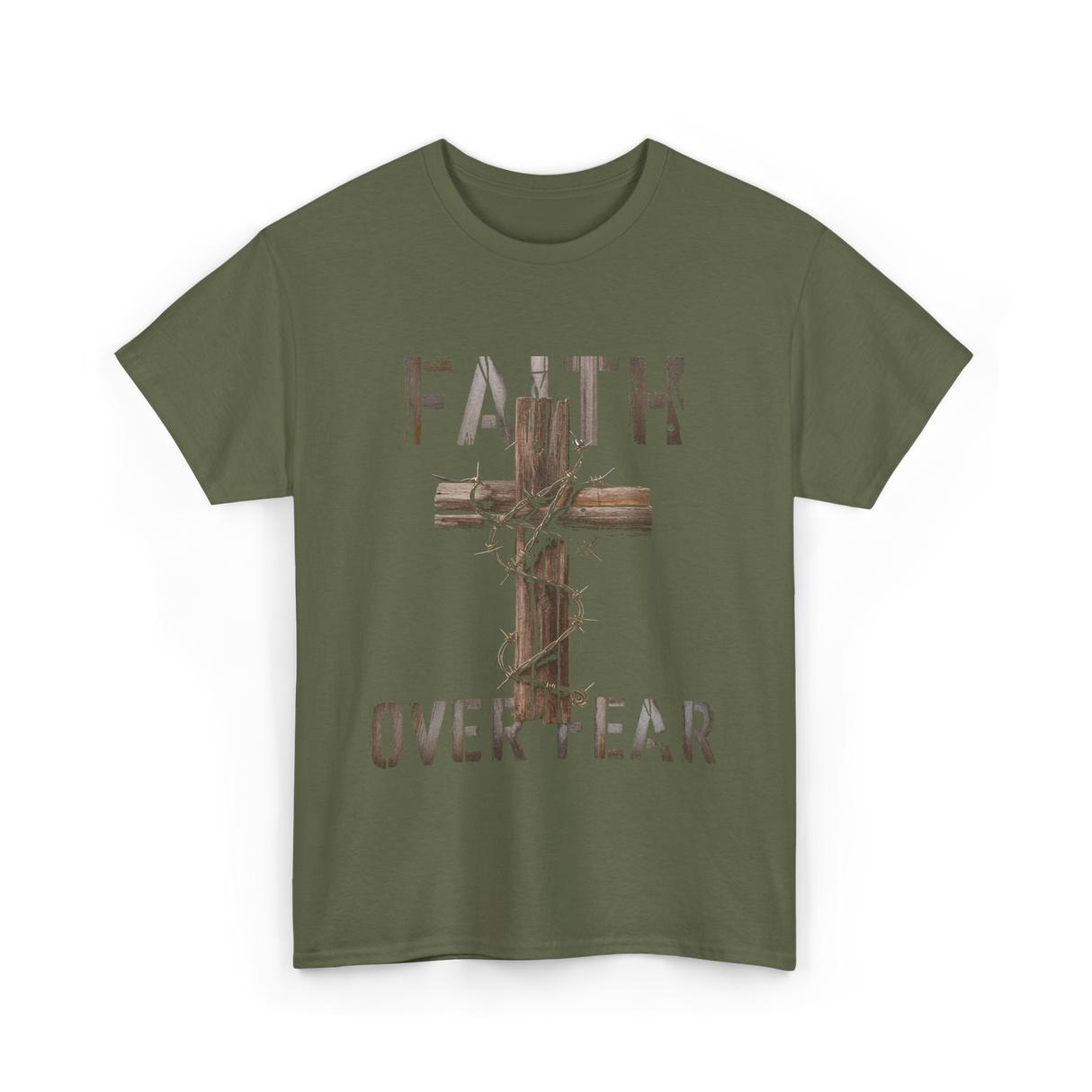 Faith Over Fear Christian Cross T-Shirt - Military Green