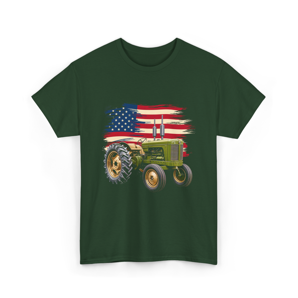 Farm Tractor USA Flag Agriculture T-Shirt - Forest Green