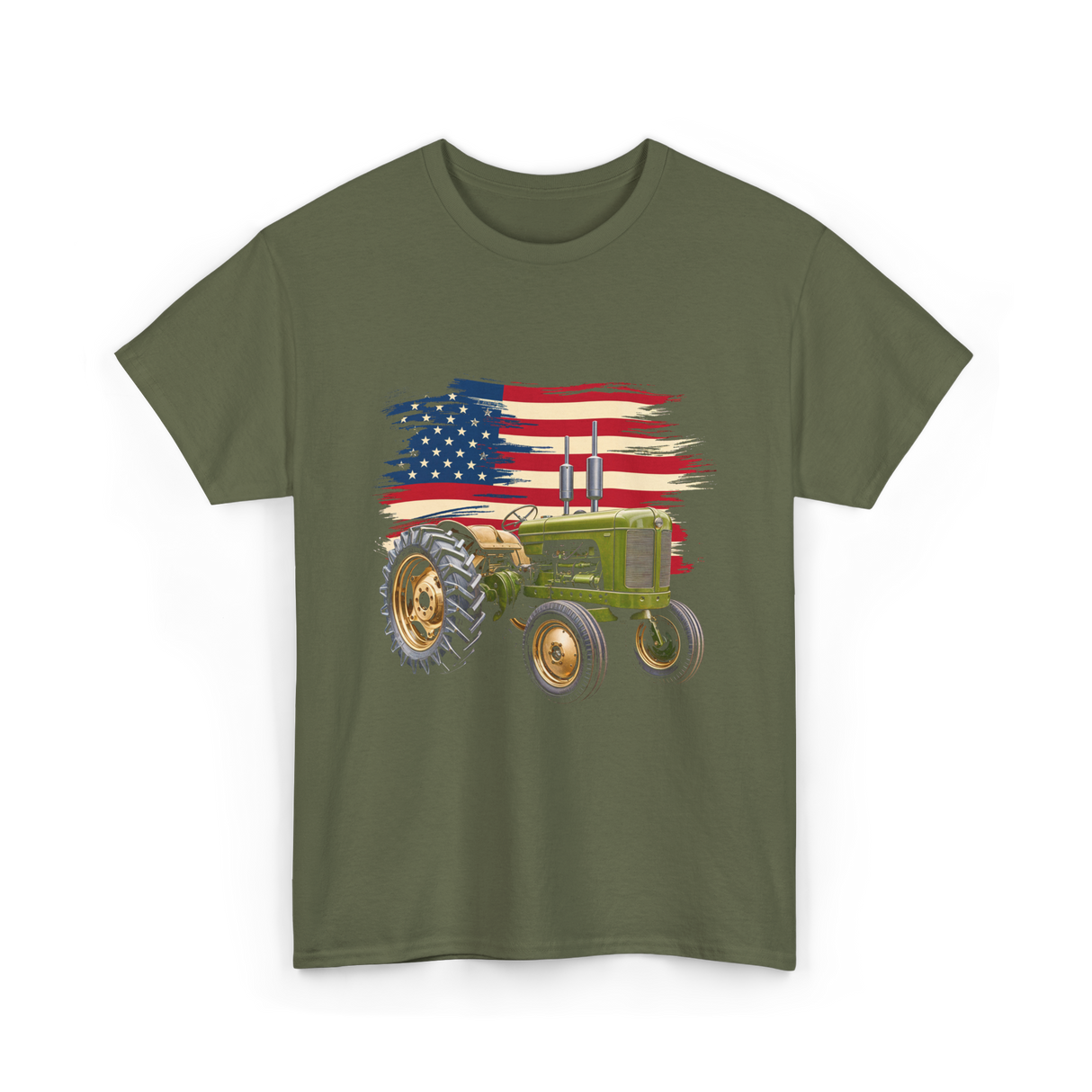 Farm Tractor USA Flag Agriculture T-Shirt - Military Green