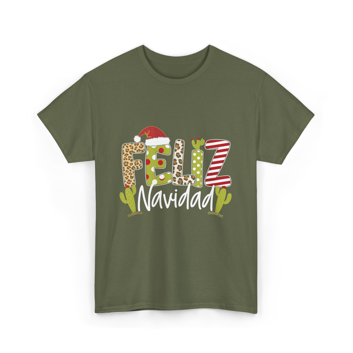 Feliz Navidad Cactus Christmas T-Shirt - Military Green