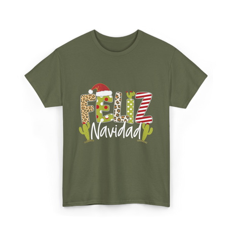 Feliz Navidad Cactus Christmas T-Shirt - Military Green