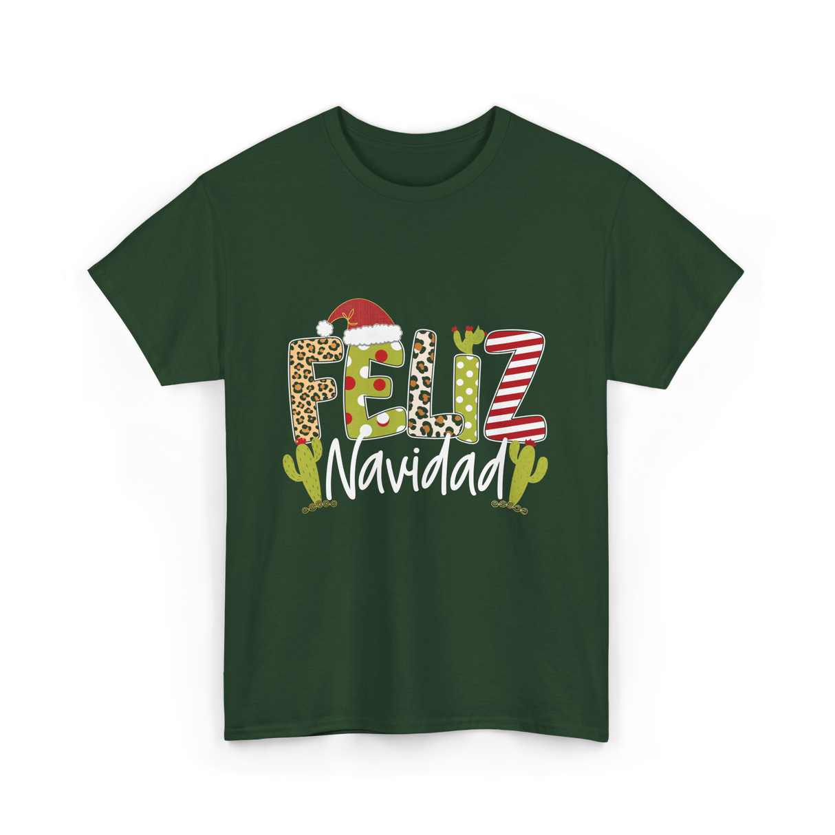 Feliz Navidad Cactus Christmas T-Shirt - Forest Green