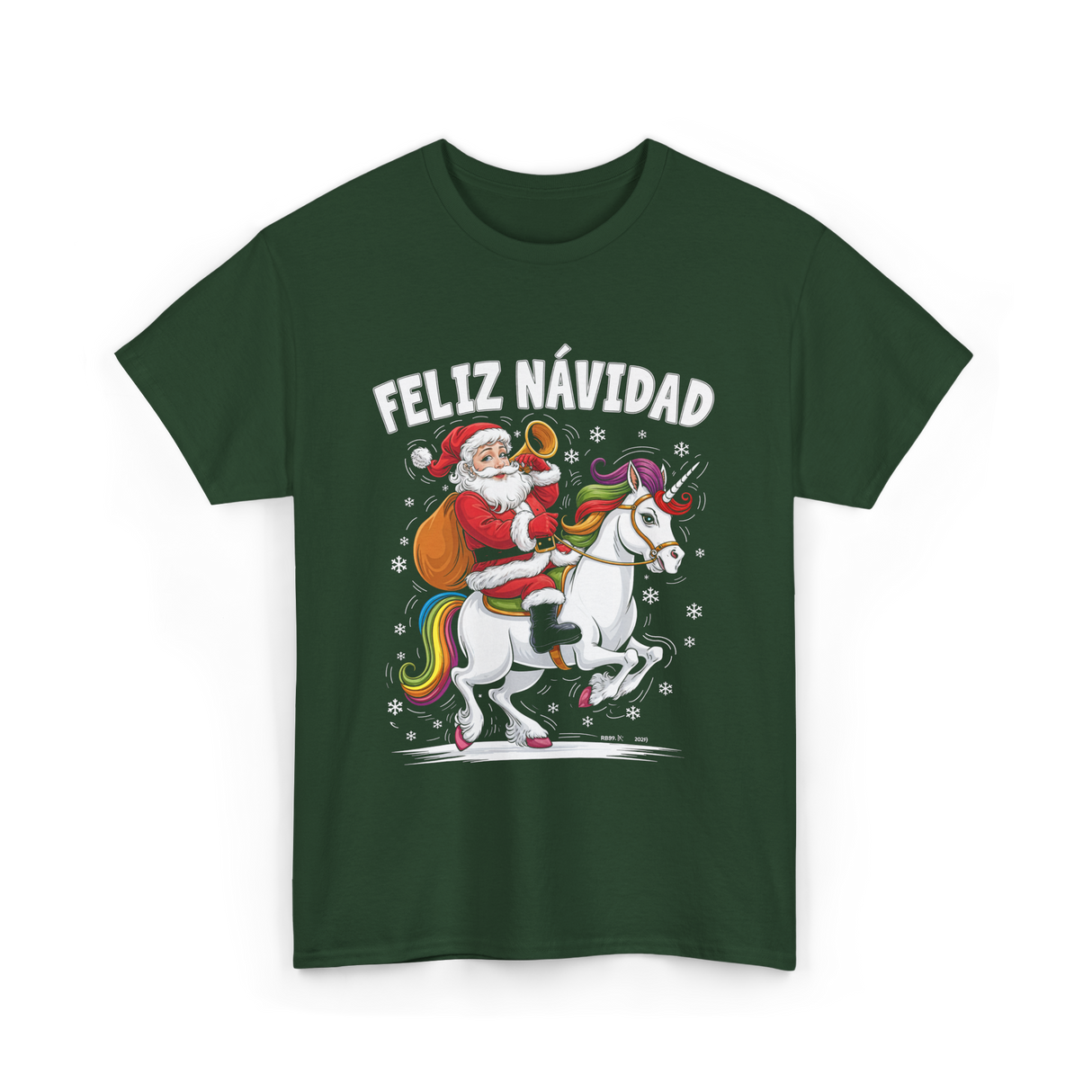 Feliz Navidad Christmas Santa Unicorn T-Shirt - Forest Green