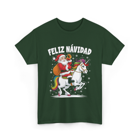 Feliz Navidad Christmas Santa Unicorn T-Shirt - Forest Green