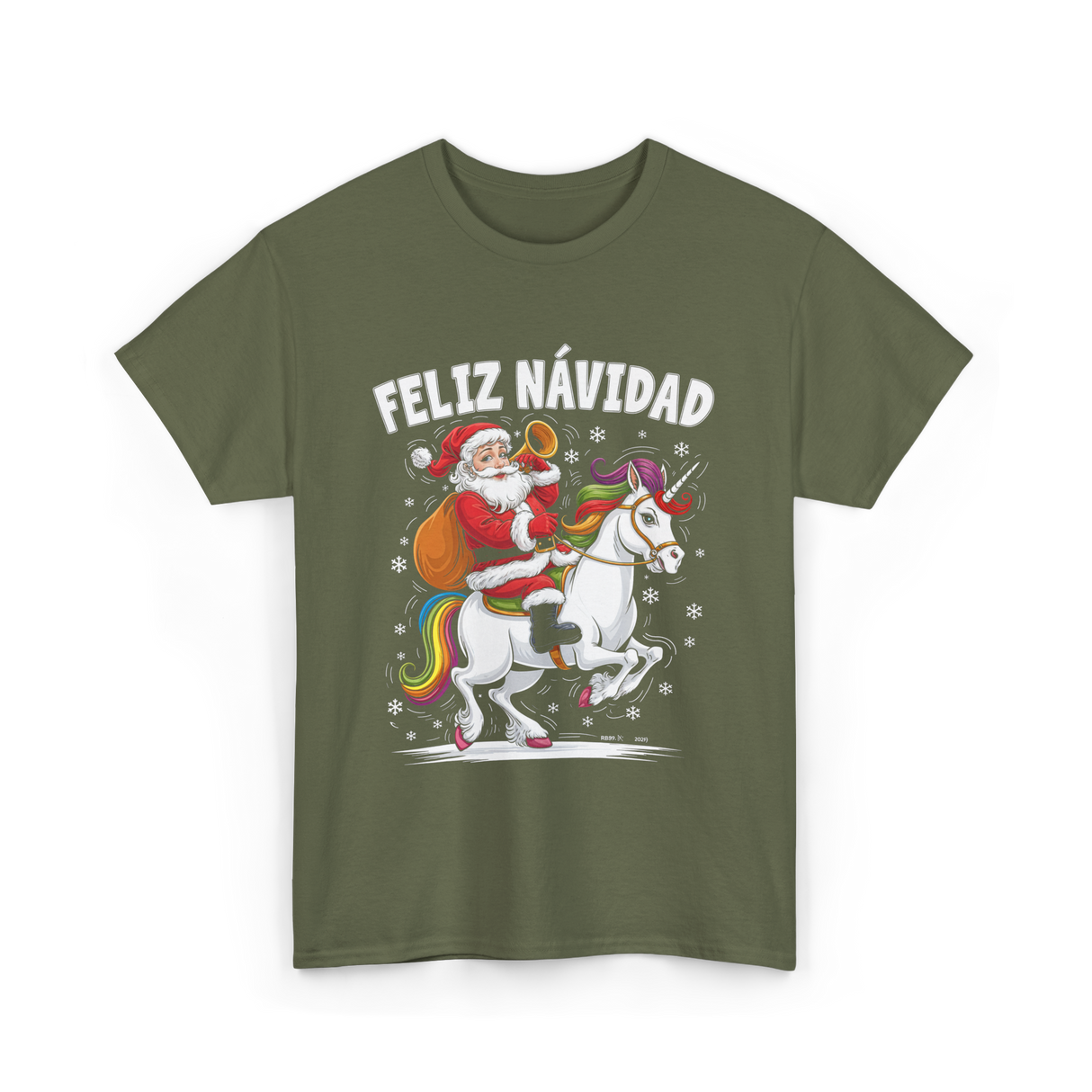 Feliz Navidad Christmas Santa Unicorn T-Shirt - Military Green