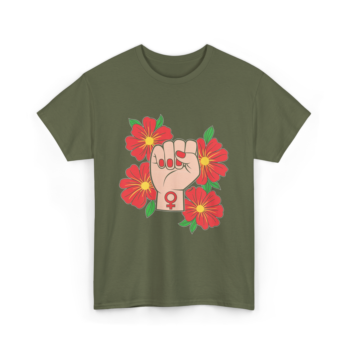 Feminist Fist Flowers Feminism T-Shirt - Military Green