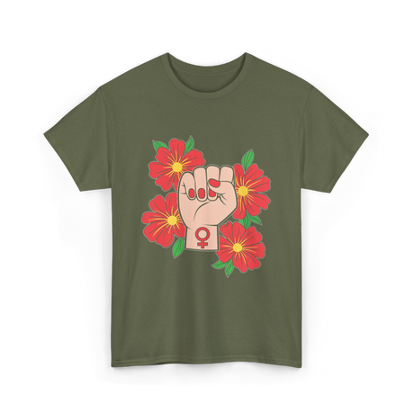 Feminist Fist Flowers Feminism T-Shirt - Military Green