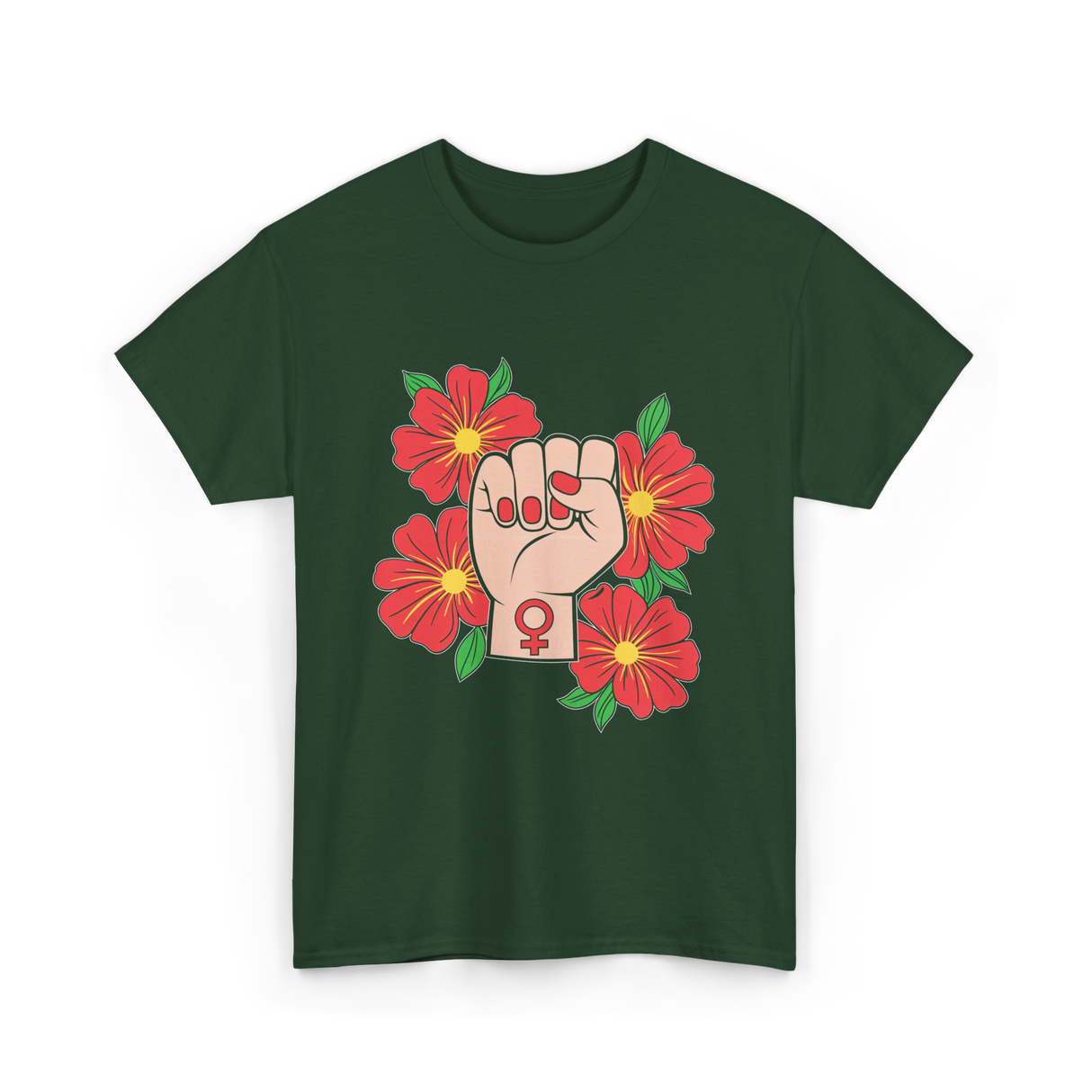 Feminist Fist Flowers Feminism T-Shirt - Forest Green