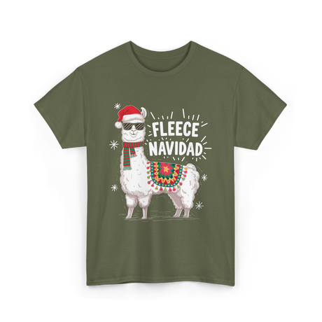 Fleece Navidad Llama Christmas T-Shirt - Military Green