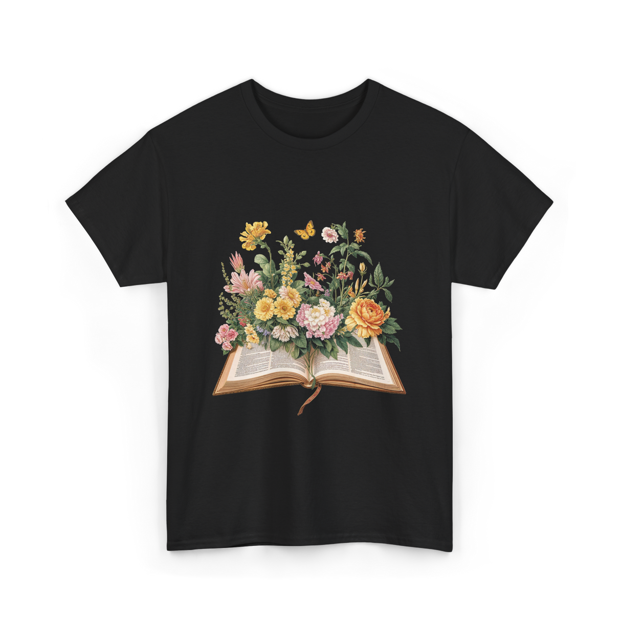 Floral Book Nature T-Shirt - Black