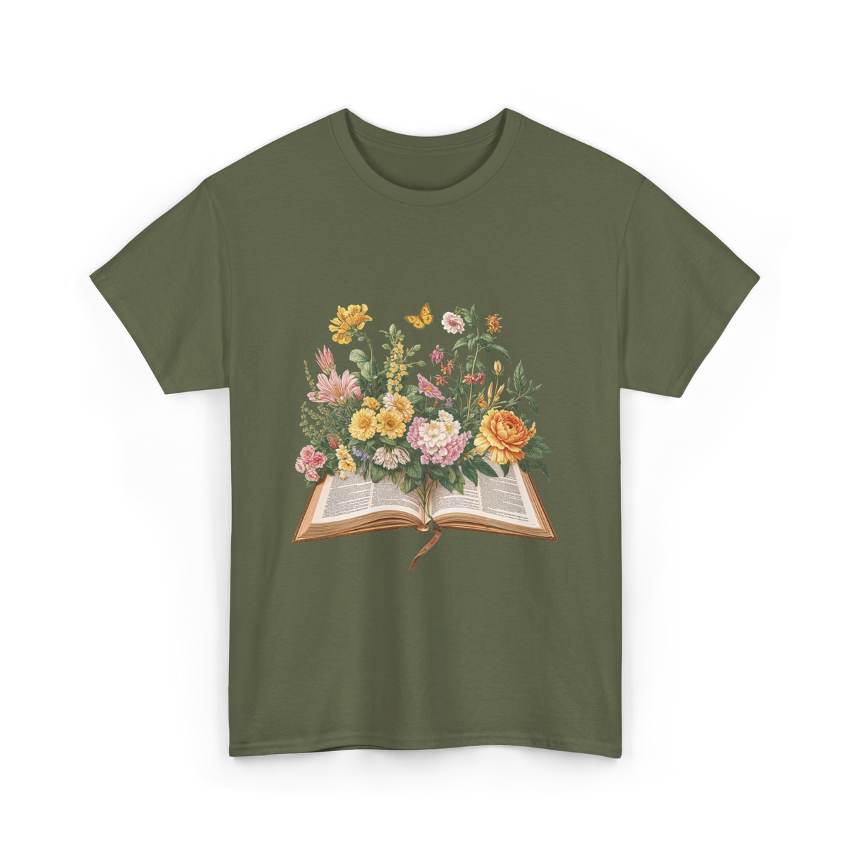 Floral Book Nature T-Shirt - Military Green