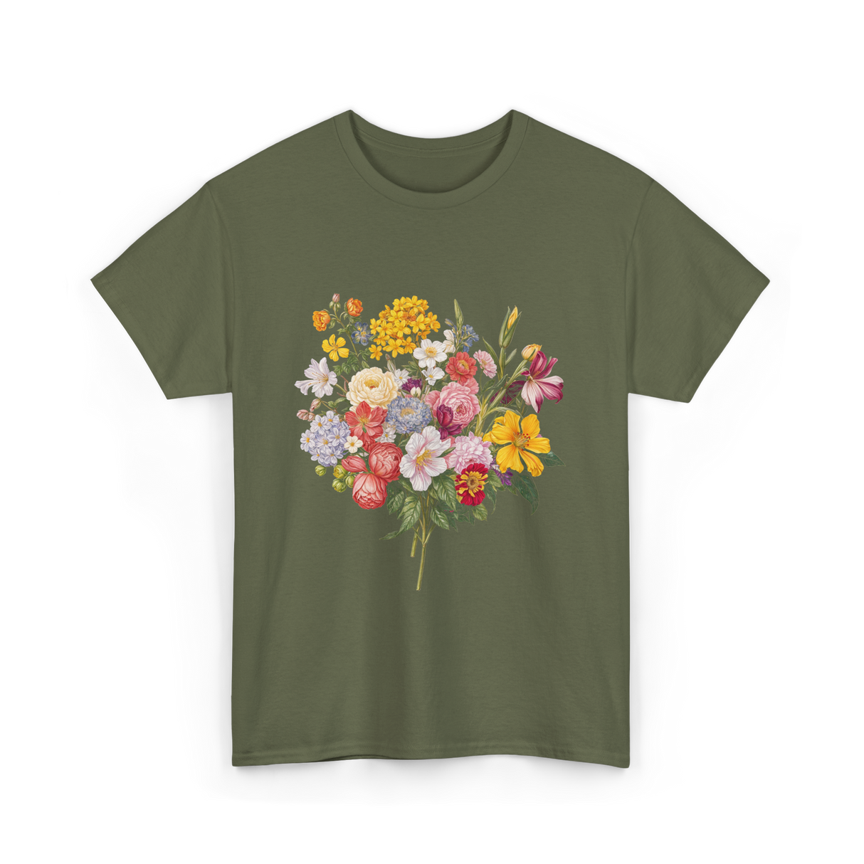 Floral Bouquet Flowers Floral Art T-Shirt - Military Green