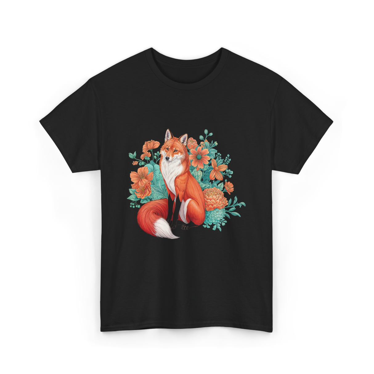 Floral Fox Aesthetic Wildlife T-Shirt - Black