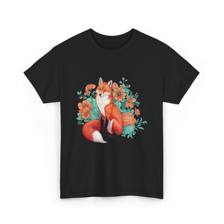 Floral Fox Aesthetic Wildlife T-Shirt - Black