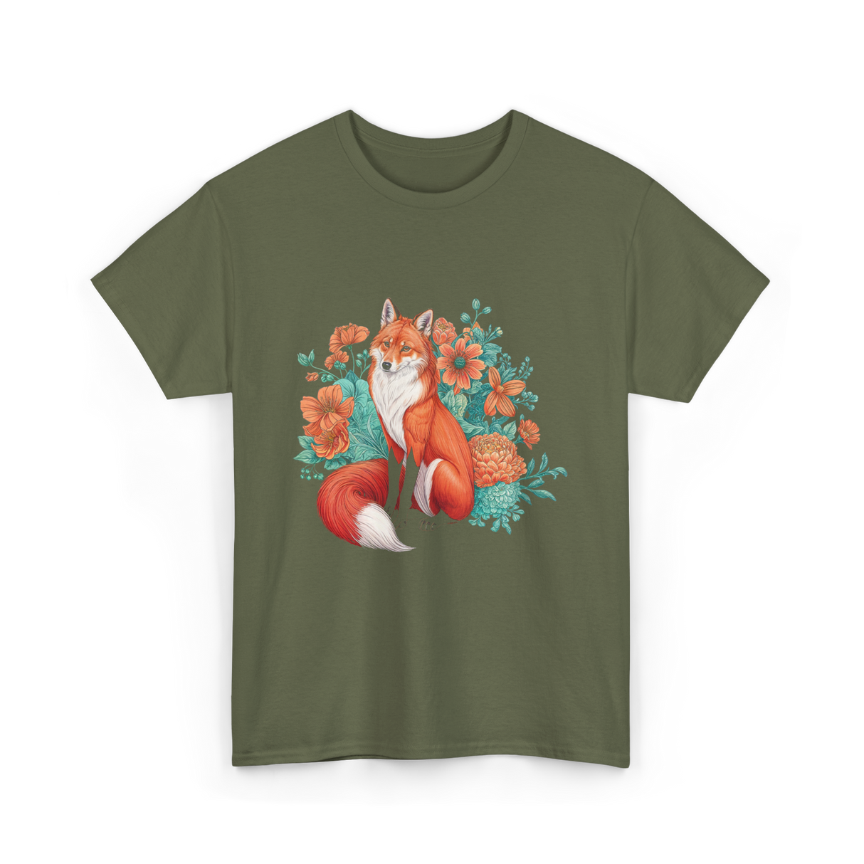 Floral Fox Aesthetic Wildlife T-Shirt - Military Green