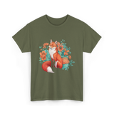 Floral Fox Aesthetic Wildlife T-Shirt - Military Green