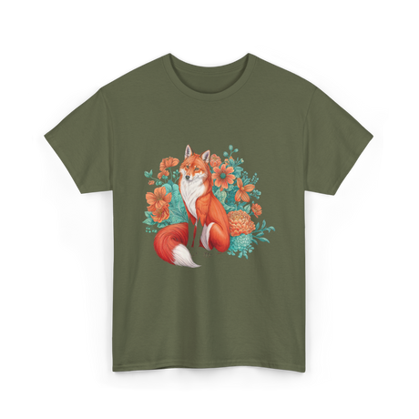 Floral Fox Aesthetic Wildlife T-Shirt - Military Green