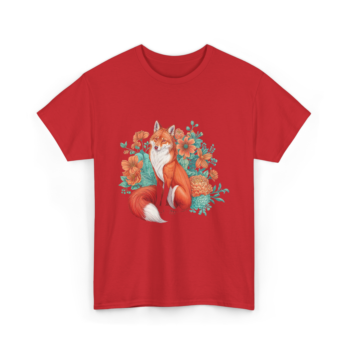 Floral Fox Aesthetic Wildlife T-Shirt - Red