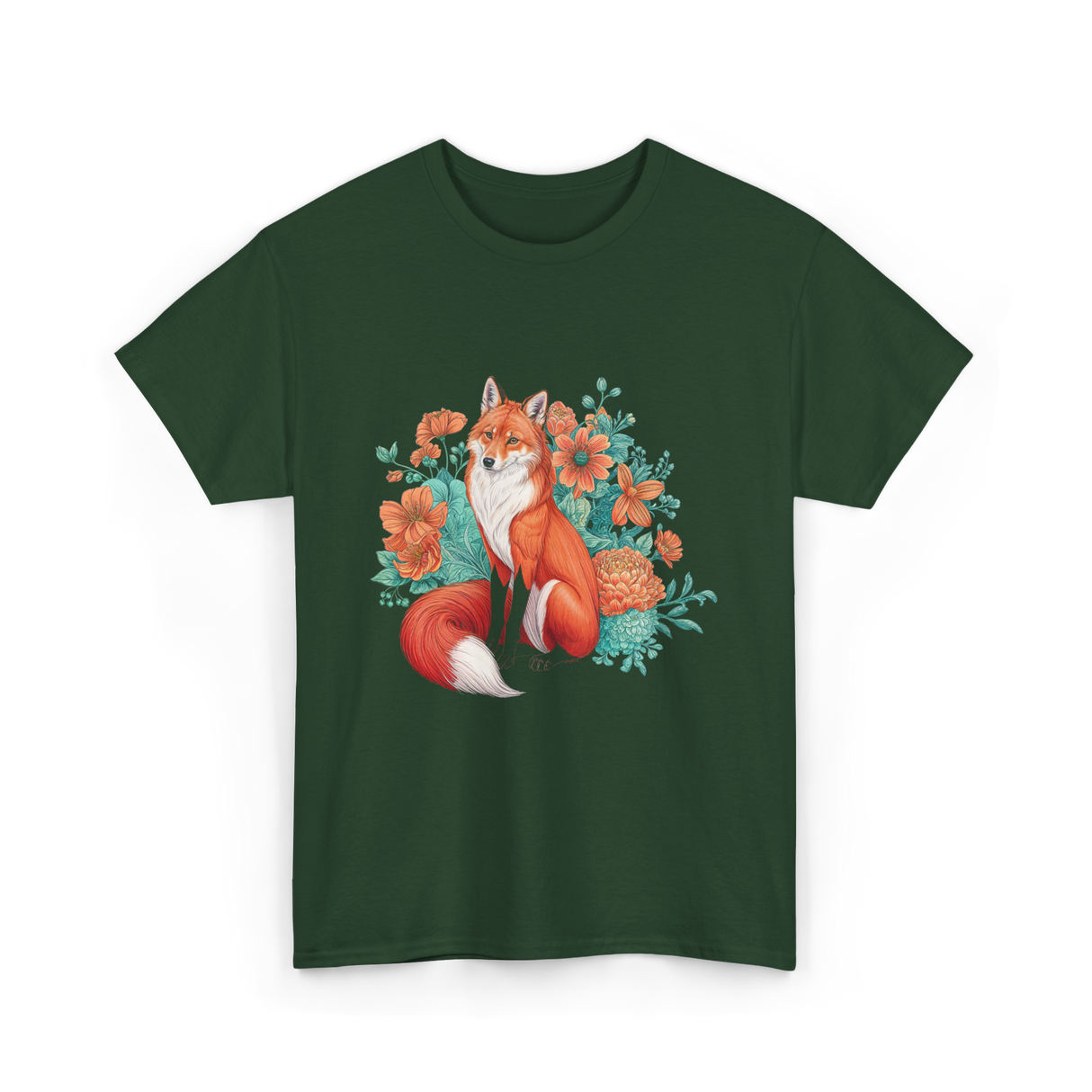 Floral Fox Aesthetic Wildlife T-Shirt - Forest Green