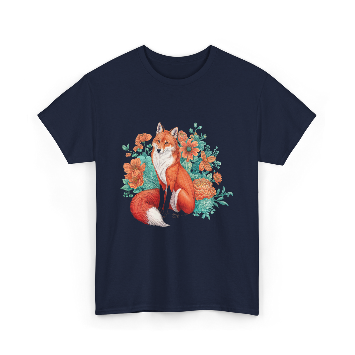 Floral Fox Aesthetic Wildlife T-Shirt - Navy