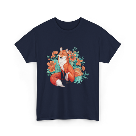 Floral Fox Aesthetic Wildlife T-Shirt - Navy