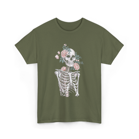 Floral Skeleton Goth Aesthetic T-Shirt - Military Green