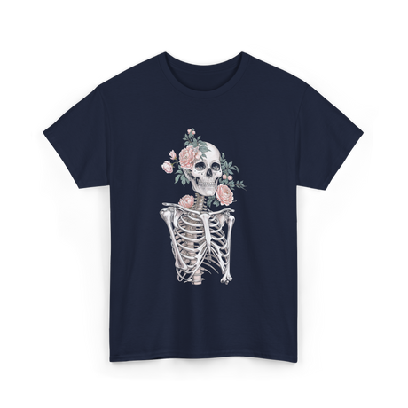 Floral Skeleton Goth Aesthetic T-Shirt - Navy