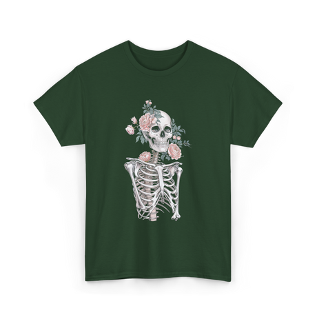 Floral Skeleton Goth Aesthetic T-Shirt - Forest Green