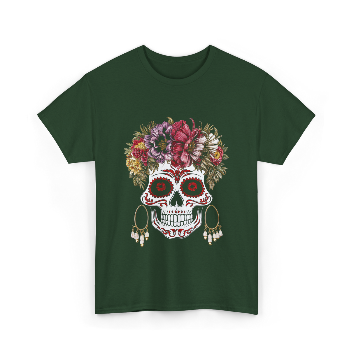 Floral Sugar Skull T-Shirt - Forest Green