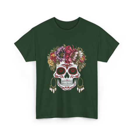 Floral Sugar Skull T-Shirt - Forest Green