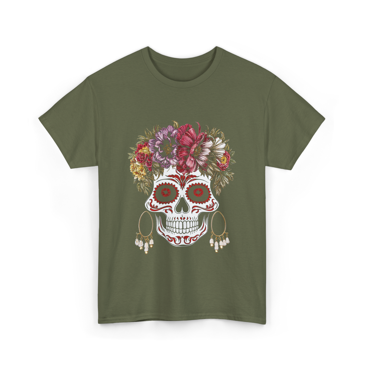 Floral Sugar Skull T-Shirt - Military Green