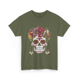 Floral Sugar Skull T-Shirt - Military Green