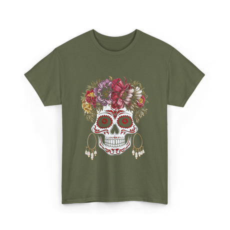 Floral Sugar Skull T-Shirt - Military Green