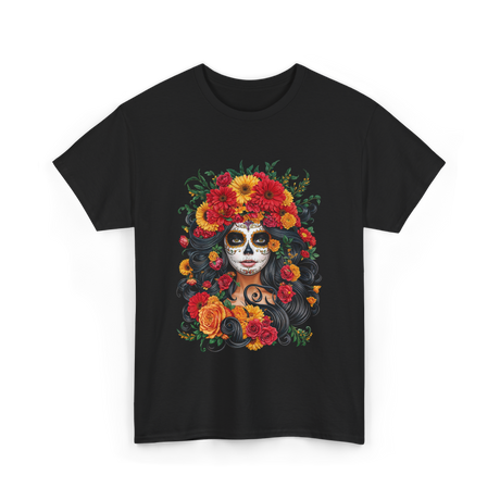 Floral Sugar Skull Woman T-Shirt - Black