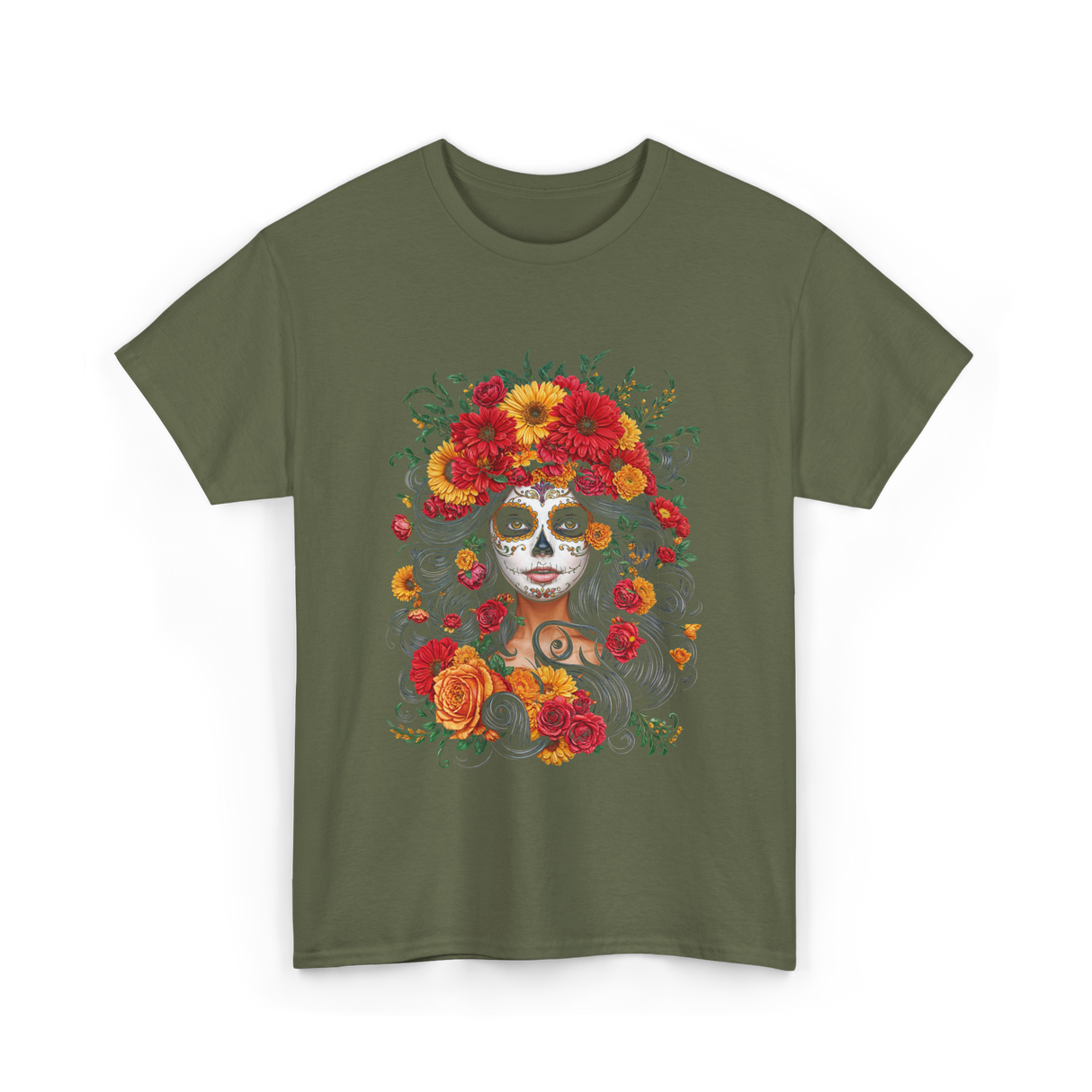 Floral Sugar Skull Woman T-Shirt - Military Green