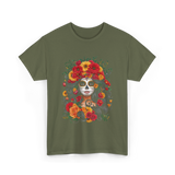 Floral Sugar Skull Woman T-Shirt - Military Green